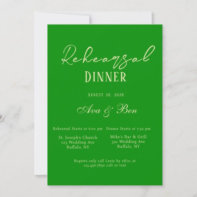 Celery and Forest Green Rehearsal Dinner Invitation (Front)