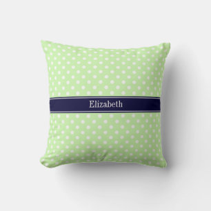 Celery and White Polka Dots Navy Name Monogram Cushion