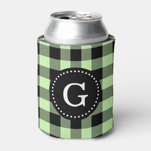Celery Green Black Buffalo Check Plaid 1I Monogram Can Cooler (Can Front)