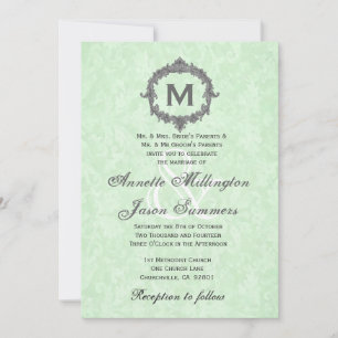 Celery Green Damask Grey Vintage  Monogram Wedding Invitation
