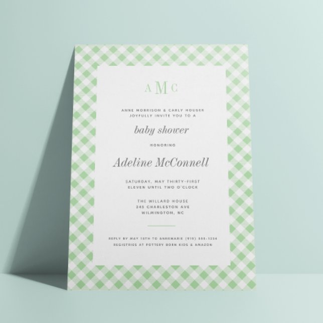 Celery Green Gingham Traditional Baby Shower Invitation (Creator Uploaded)