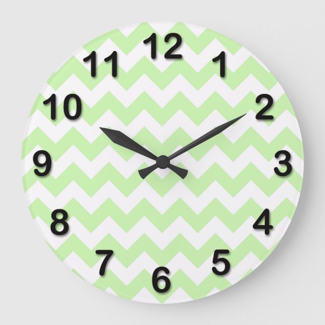 Celery Green, White Chevron ZigZag Pattern Large Clock (Front)