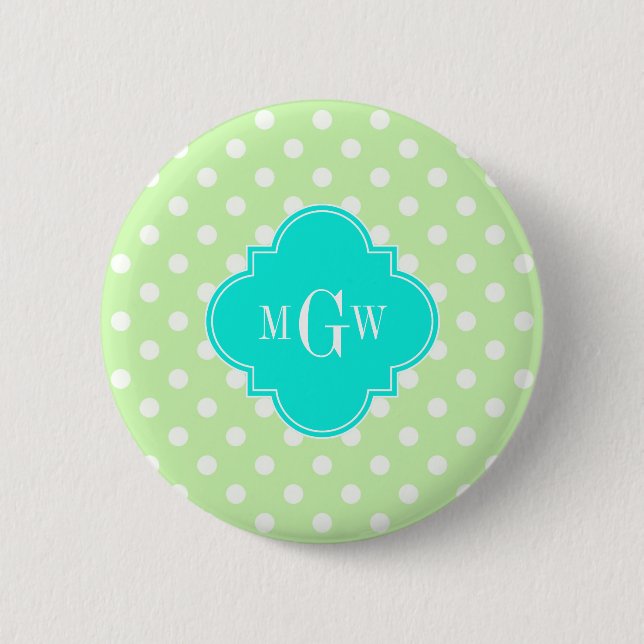 Celery Polka Dot Aqua Quatrefoil 3 Monogram 6 Cm Round Badge (Front)