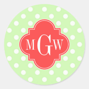 Celery Polka Dot Coral Red Quatrefoil 3 Monogram Classic Round Sticker