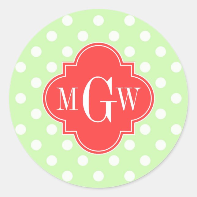Celery Polka Dot Coral Red Quatrefoil 3 Monogram Classic Round Sticker (Front)