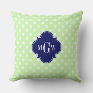 Celery Polka Dot Navy Blue Quatrefoil 3 Monogram Cushion