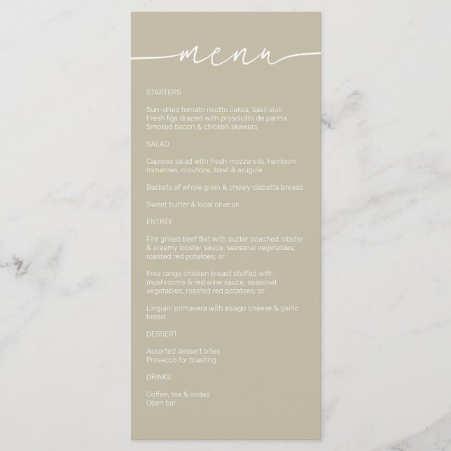 Celery Powder • Modern Minimalist Script Wedding Menu (Front)