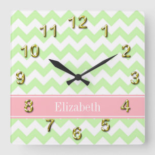 Celery White Chevron Pink Name Monogram Square Wall Clock