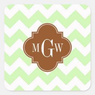 Celery Wht Chevron Brown Quatrefoil 3 Monogram Square Sticker