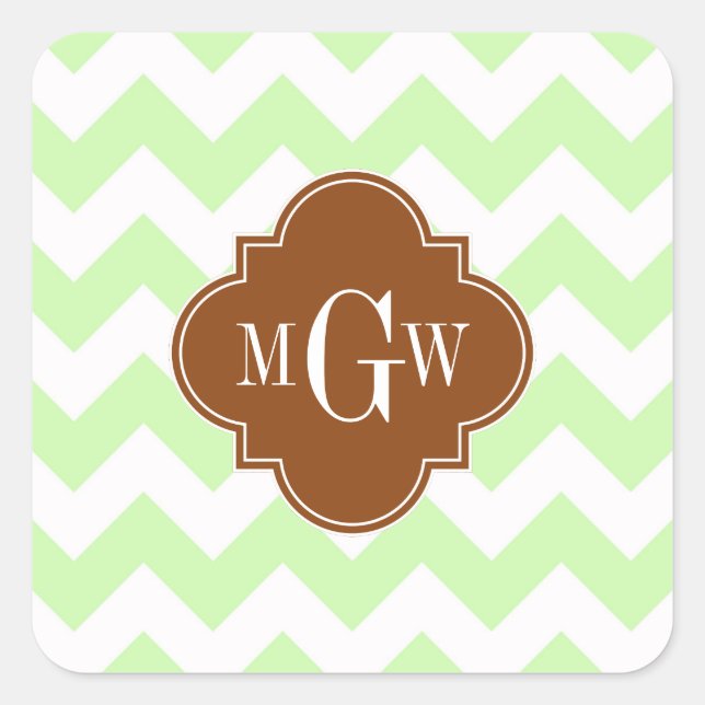 Celery Wht Chevron Brown Quatrefoil 3 Monogram Square Sticker (Front)