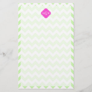 Celery Wht Chevron Hot Pink Quatrefoil 3 Monogram Stationery