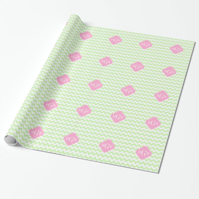 Celery Wht Chevron Pink Quatrefoil 3 Monogram Wrapping Paper (Unrolled)