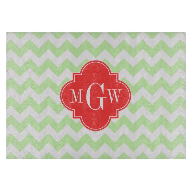 Celery Wihte Chevron Coral Quatrefoil 3 Monogram Cutting Board (Front)