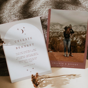 CELESTE Boho Moon & Stars Terracotta Arch Wedding  Invitation