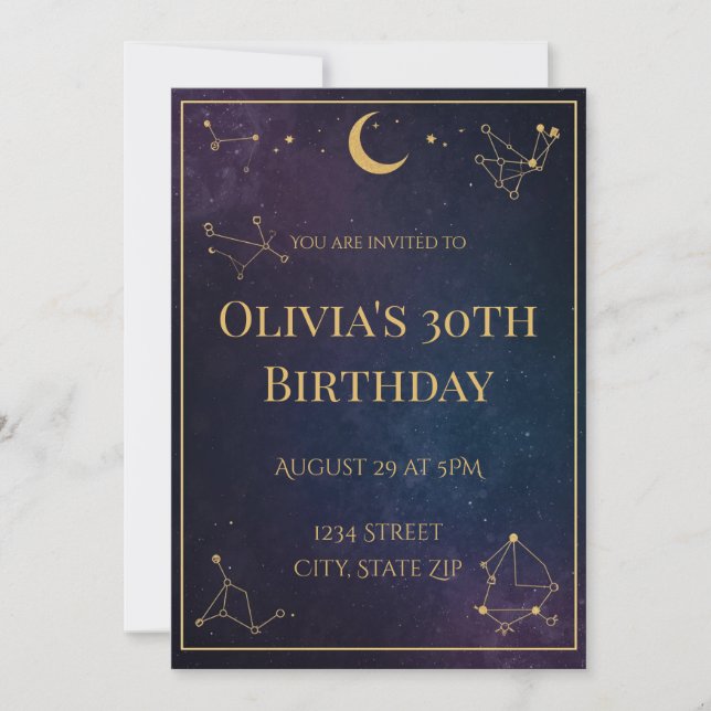 Celestial 30th Birthday Invitation | Navy & Gold (Front)