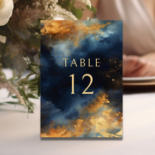 Celestial Abstract Blue Faux Gold Wedding Table Number
