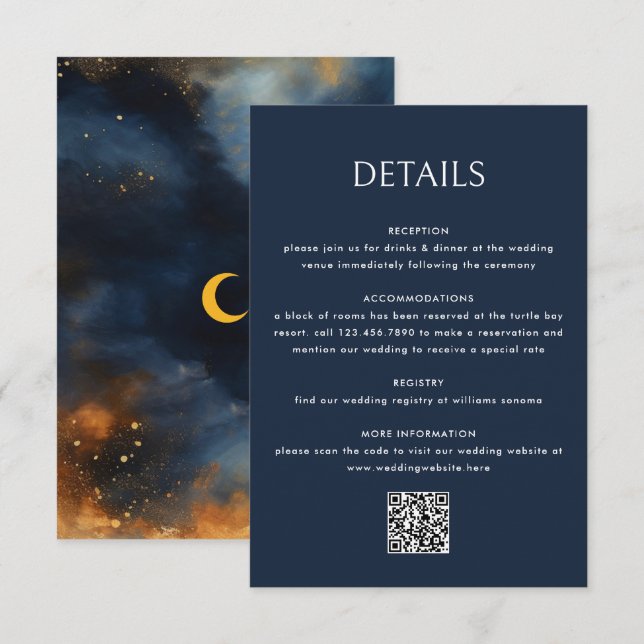 Celestial Abstract Blue Golden Moon Wedding Enclosure Card (Front/Back)