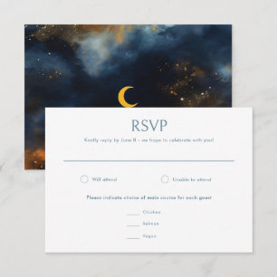 Celestial Abstract Blue Golden Moon Wedding RSVP Card