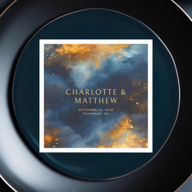 Celestial Abstract Blue Golden Names Wedding Napkin (Creator Uploaded)