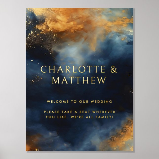Celestial Abstract Blue Golden Wedding Welcome Foil Prints (Front)