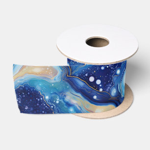 Celestial Abstract Galaxy Art in Blue Gold Swirls Satin Ribbon