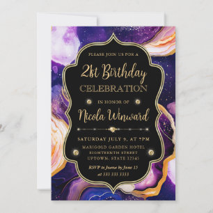 Celestial Agate   Purple Gold Marble Birthday Invitation