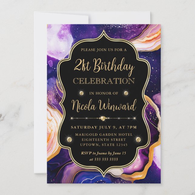 Celestial Agate | Purple Gold Marble Birthday Invitation (Front)