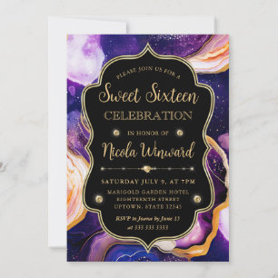 Celestial Agate   Purple Gold Marble Sweet 16 Invitation