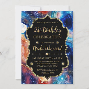 Celestial Agate Red Blue Cosmic Marble Birthday Invitation