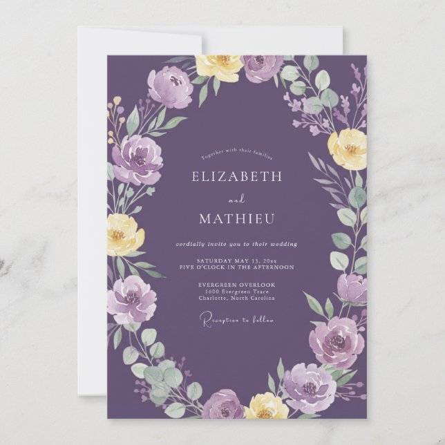 Celestial Amethyst Yellow Wildflower Wedding Invitation (Front)
