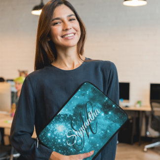 Celestial Aqua Teal Starry Sparkle Fancy Monogram Laptop Sleeve