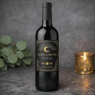 Celestial Art Deco black and gold Wine Label