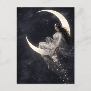 Celestial Art Nouveau Woman on Crescent Moon Postcard