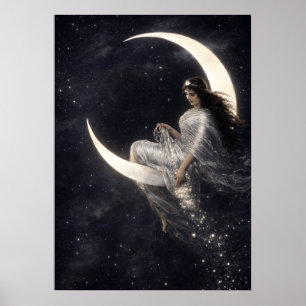 Celestial Art Nouveau Woman on Crescent Moon Poster