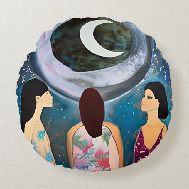 Celestial Artwork | Women Looking at the Moon Round Cushion (Front)