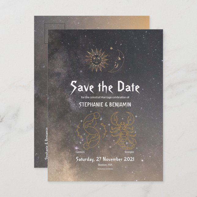 Celestial Astrology Gemini Scorpio Star Sign Grey Announcement Postcard (Front/Back)