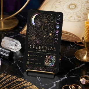 Celestial Astrology Luxury Black Gold QR  Business Card