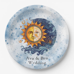 Celestial Astronomy Yellow Blue Sun Wedding Paper Plate