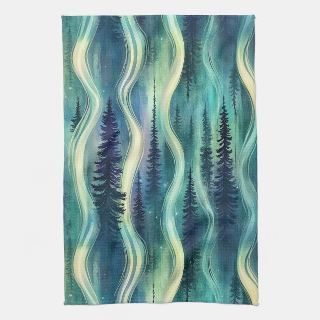 Celestial Aurora Night Pattern Tea Towel (Vertical)