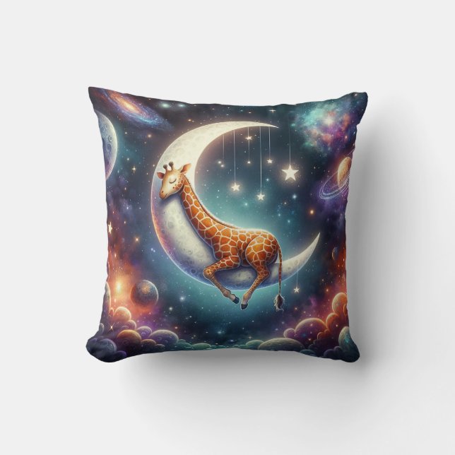 Celestial Baby Giraffe Sleeping on Moon & Stars Cushion (Front)