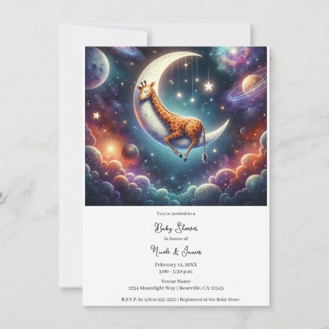 Celestial Baby Giraffe Sleeping on Moon & Stars Invitation (Front)