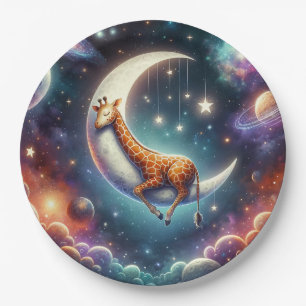 Celestial Baby Giraffe Sleeping on Moon & Stars Paper Plate