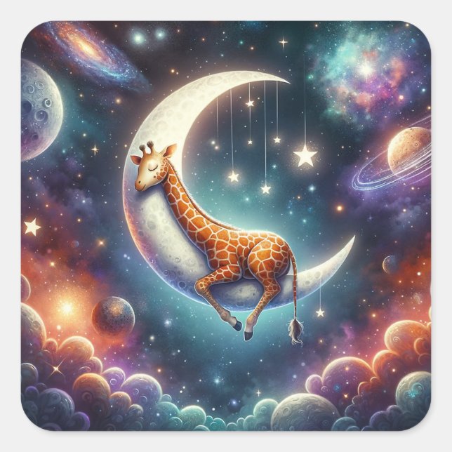 Celestial Baby Giraffe Sleeping on Moon & Stars Square Sticker (Front)