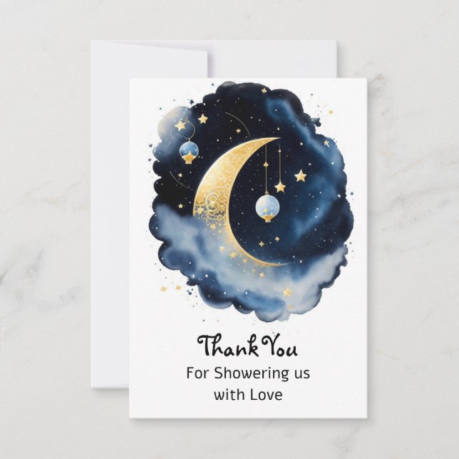 Celestial Baby Shower Moon & Stars Watercolor Thank You Card (Front)