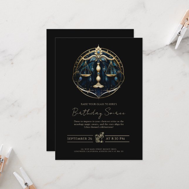 Celestial Balance Symbol Cosmic Black Gold Libra Invitation (Front/Back In Situ)