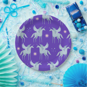 Celestial Beauty Blue Pegasus in Purple Background Paper Plate