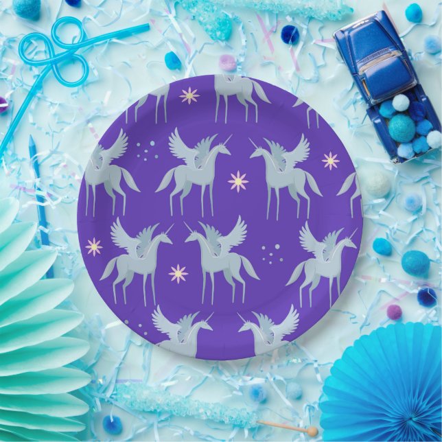 Celestial Beauty Blue Pegasus in Purple Background Paper Plate (Party)