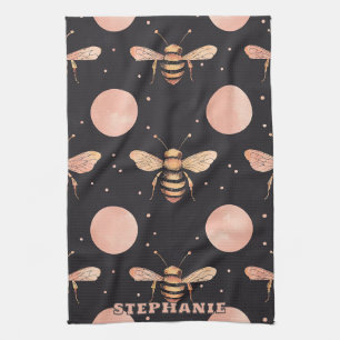 Celestial Bee and Full Moon Seamless Pattern Tea Towel