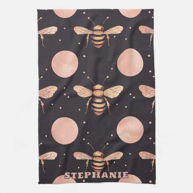 Celestial Bee and Full Moon Seamless Pattern Tea Towel (Vertical)