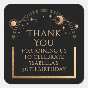 Celestial Birthday Black Gold Thank You Square Sticker